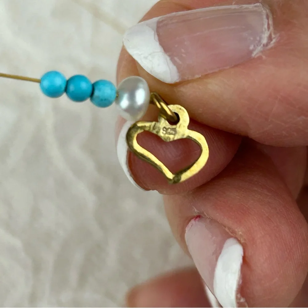 Gold Plated 925 Sterling Silver Heart Necklace w Genuine Turquoise Beads Pearls - Picture 10 of 13